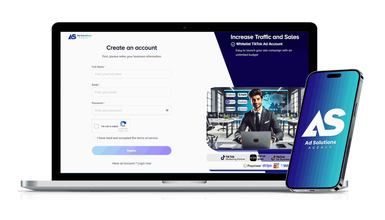 Ad Solutions Agency platform — TikTok Marketing Partner with integrated payment options